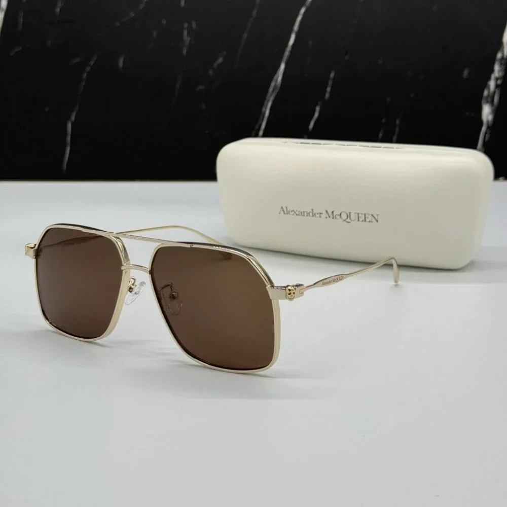 NEW AM0372S 002 ALEXANDER MCQUEEN GOLD PILOT UNISEX SUNGLASSES